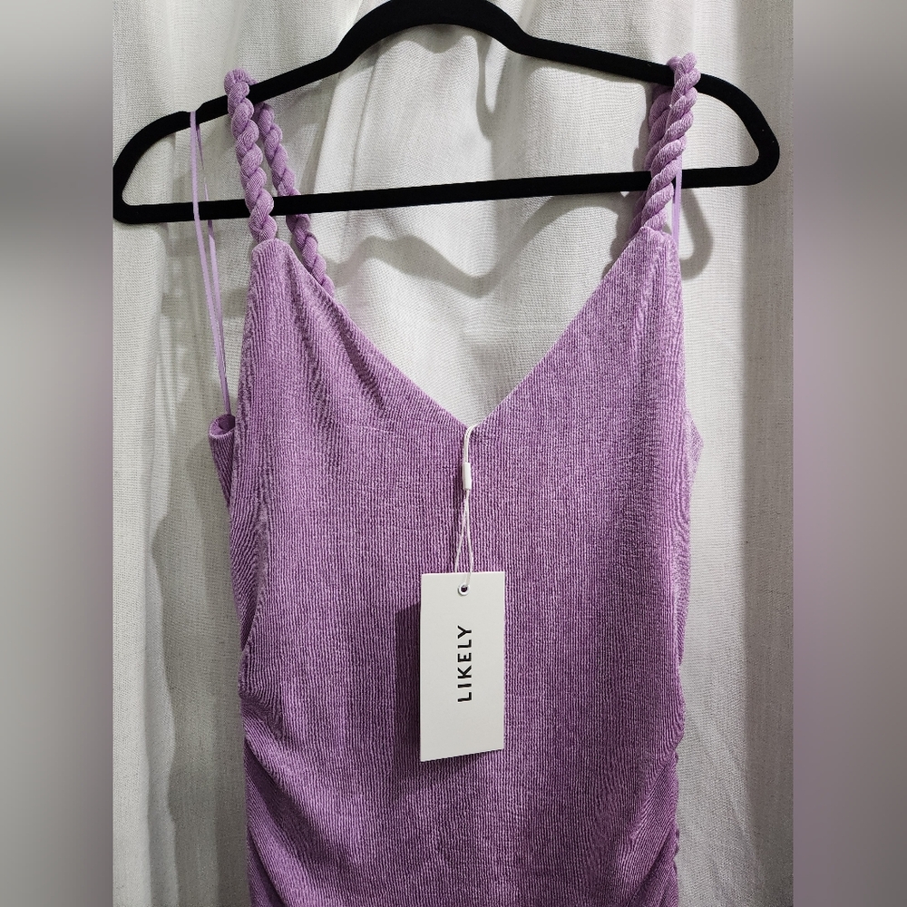 NWT LIKLEY Regan Lavender Purple Ruched Bodycon Midi Dress 4 - Picture 5 of 6